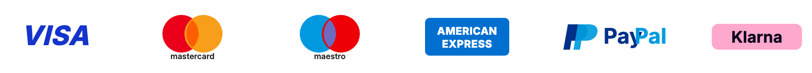 Visa, Mastercard, Maestro, American Express, PayPal, Klarna