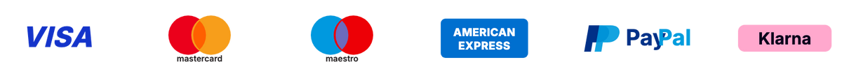 Visa, Mastercard, Maestro, American Express, PayPal, Klarna