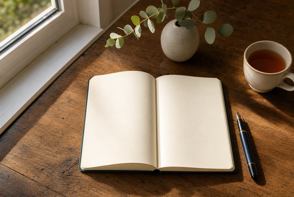 Offenes leeres Notizbuch mit Stift auf einem Holztisch am Fenster