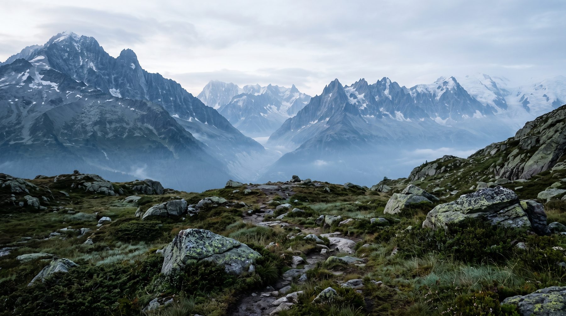 Schweizer Alpen im Morgennebel