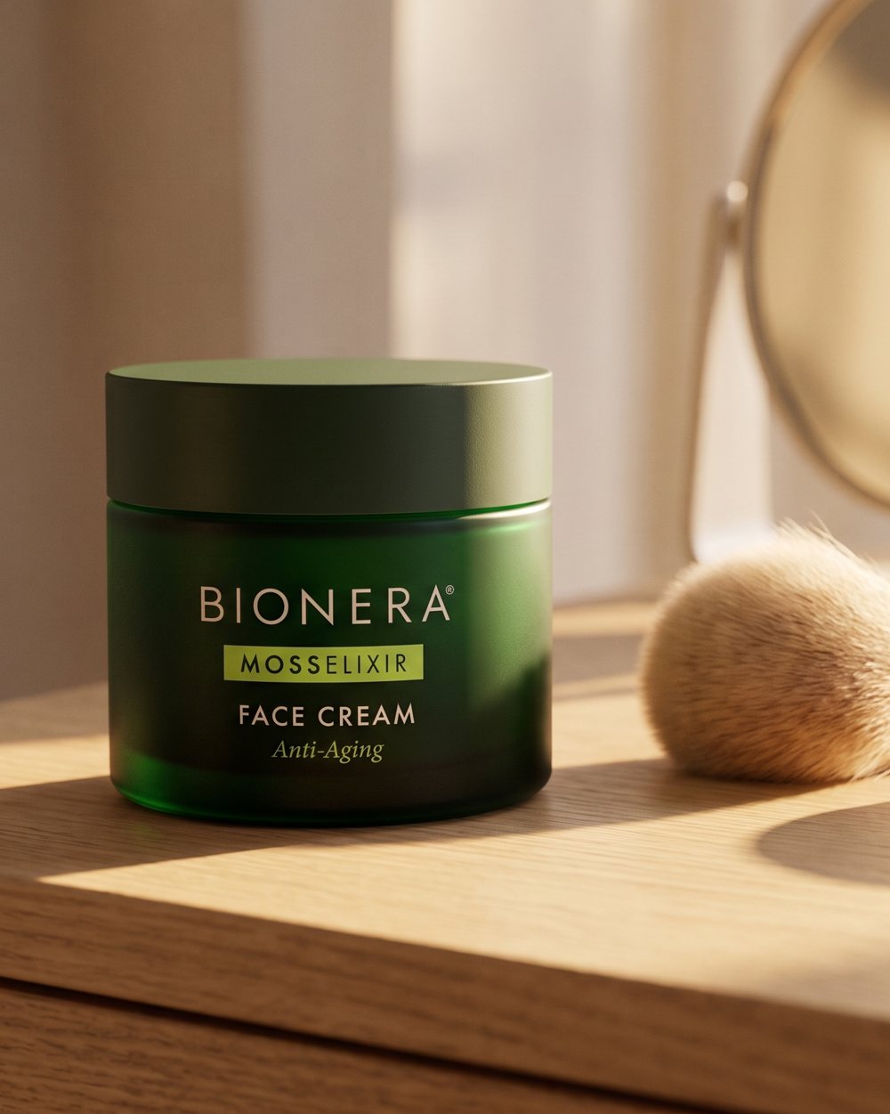 MossElixir Face Cream auf dem Schminktisch neben Pinsel und Puderdose