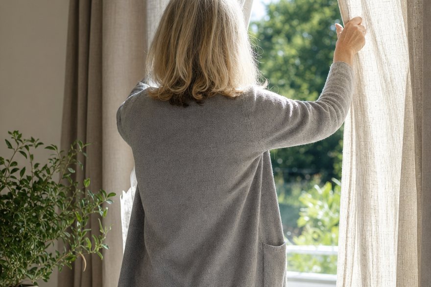 Frau öffnet morgens die Vorhänge im Schlafzimmer