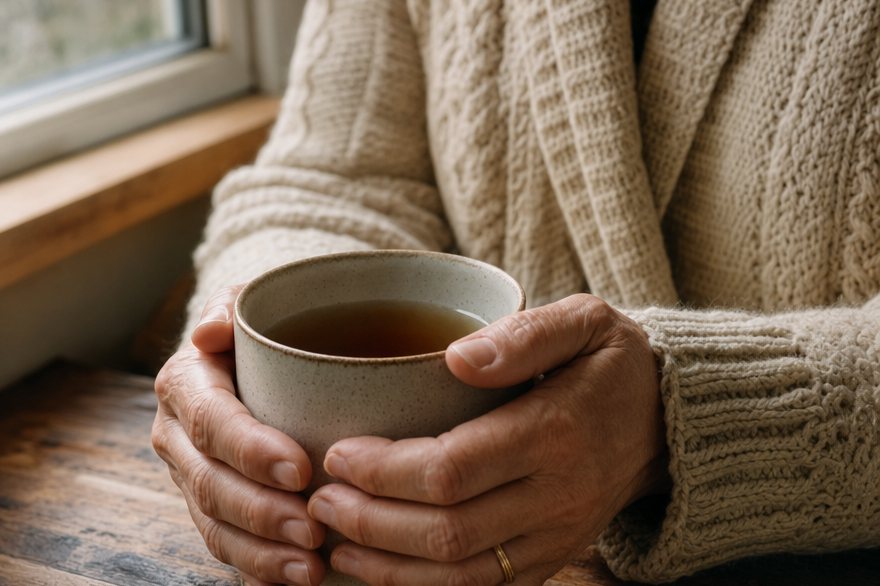 Hände einer Frau um die 60 halten eine Tasse Tee am Fenster
