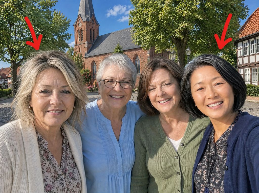 Vier Frauen aus dem Kirchenchor beim Gruppenfoto vor einer Backsteinkirche