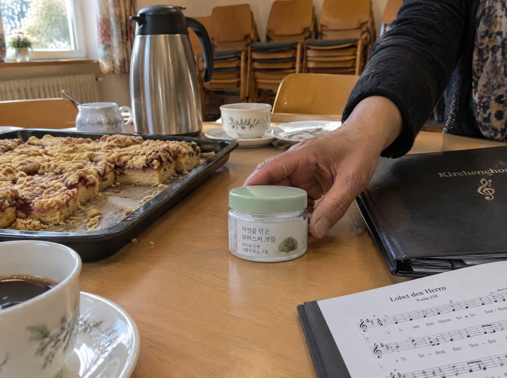 Ein fast leerer Cremetiegel mit koreanischer Aufschrift neben einem Blech Streuselkuchen