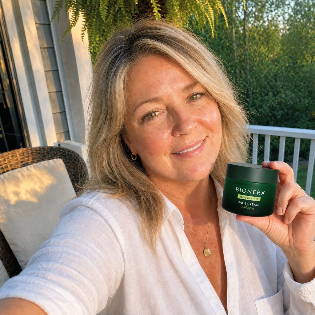 Frau auf der Terrasse hält die Bionera MossElixir Face Cream in die Kamera